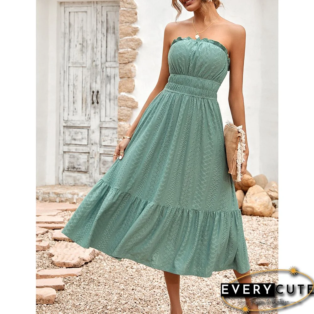 Pea Green Slim Waist Strapless Midi Dress