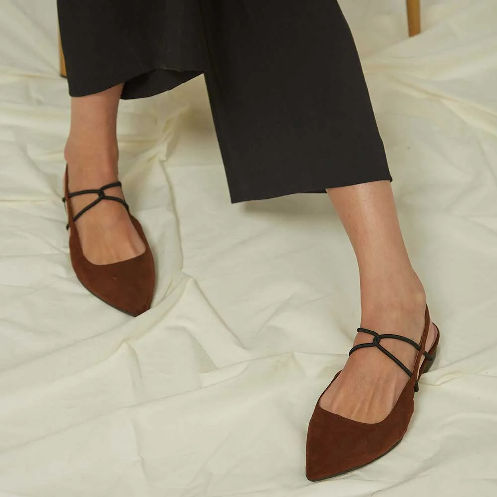 Brown Pointed Toe Chunky Heel Slingback Pumps with Elastic Rope