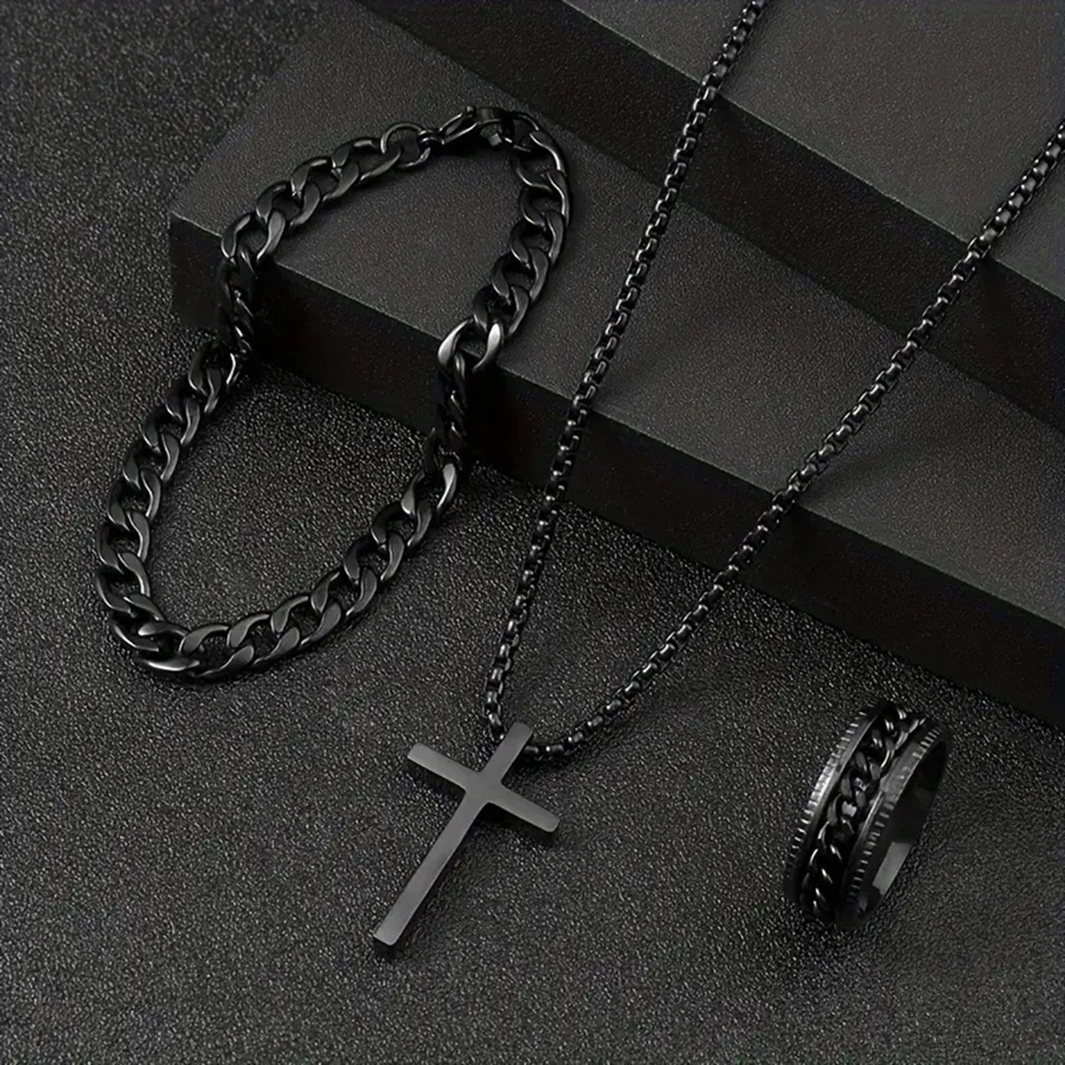 Hip Hop Cuban Chain Cross Necklace Bracelet Ring 3-Piece Set