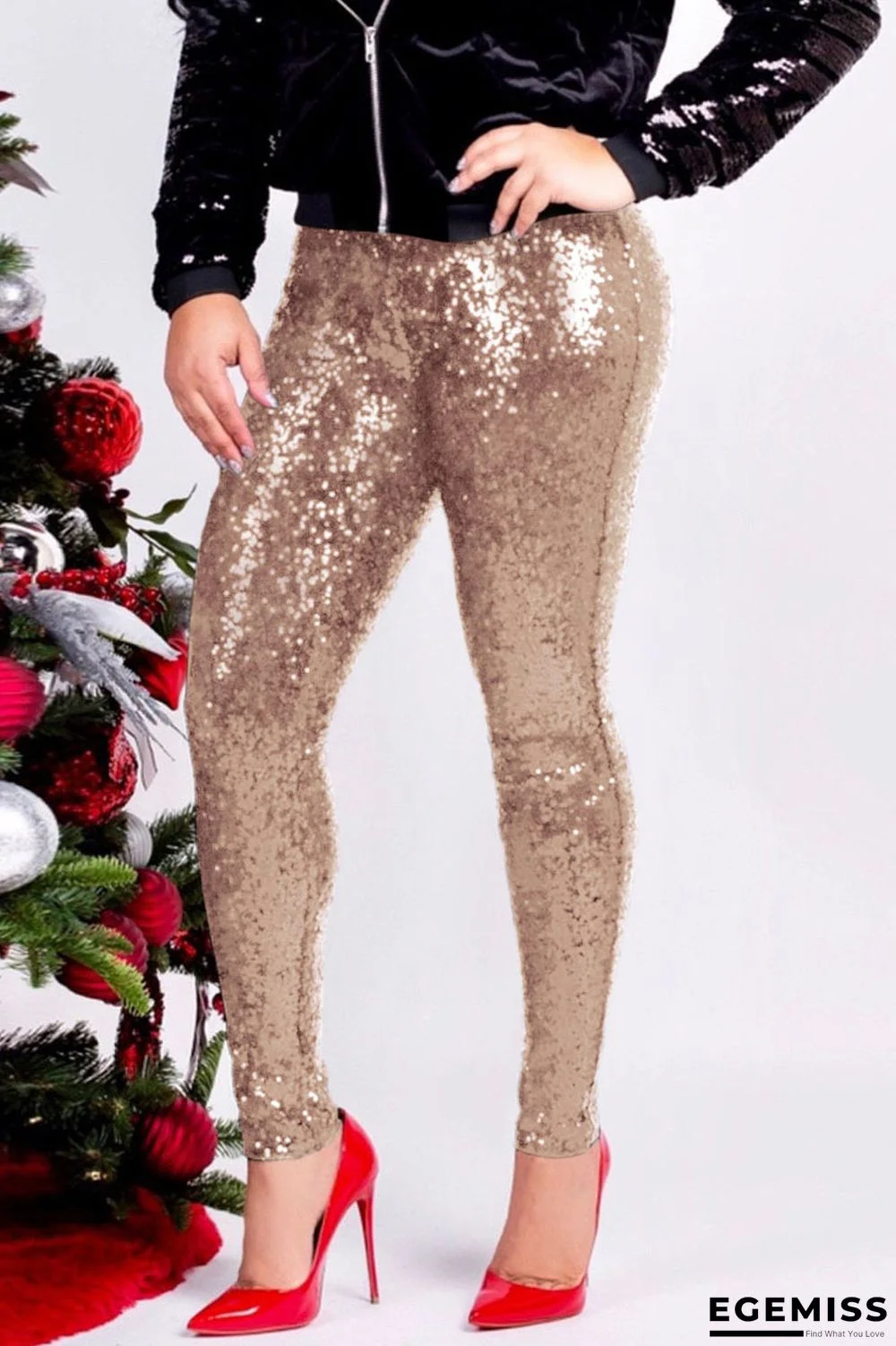 Apricot Fashion Party Solid Sequins Sequined Skinny Mid Bottoms | EGEMISS
