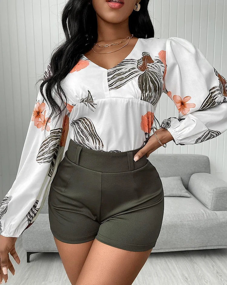 V Neck Tropical Print Long Sleeve Top & Shorts Set P6946514903