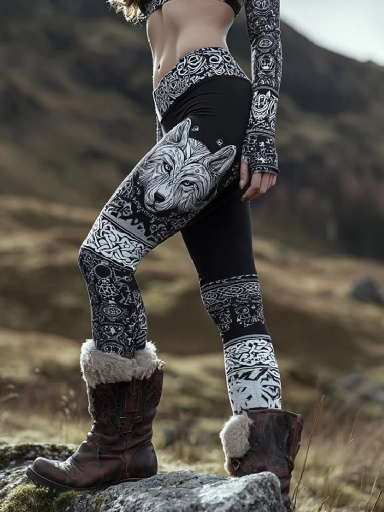 Viking Style Wolf Totem Art Celtic Knot Distressed Leggings