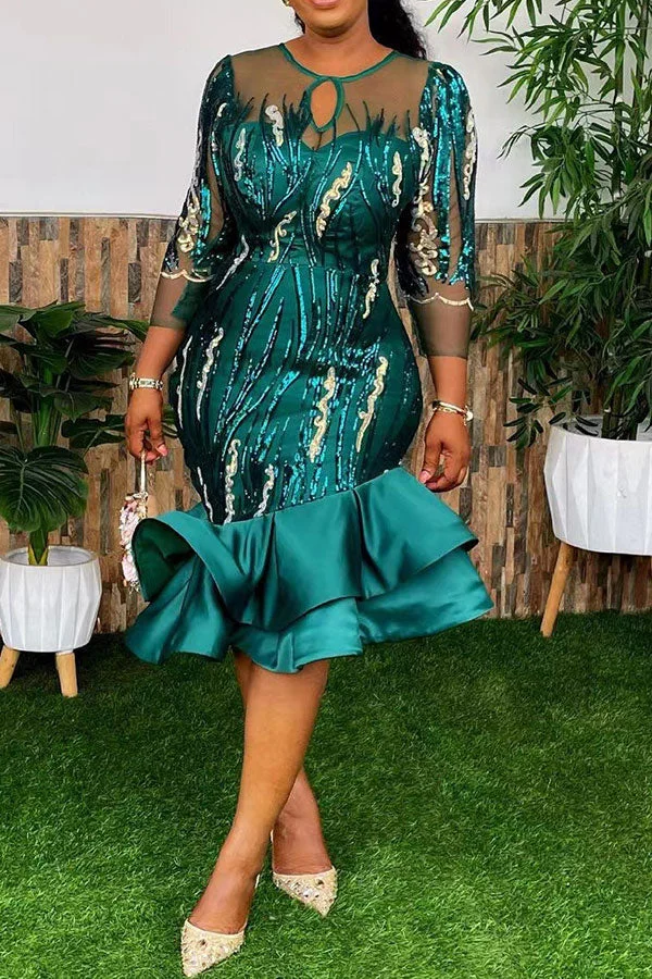 Patchwork Sequined Glamorous Ruffle Hem Midi Dress