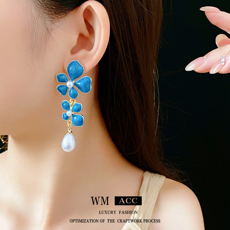 Medieval Flower Geometric Flower Artificial Pearl Oil Dripping Earrings