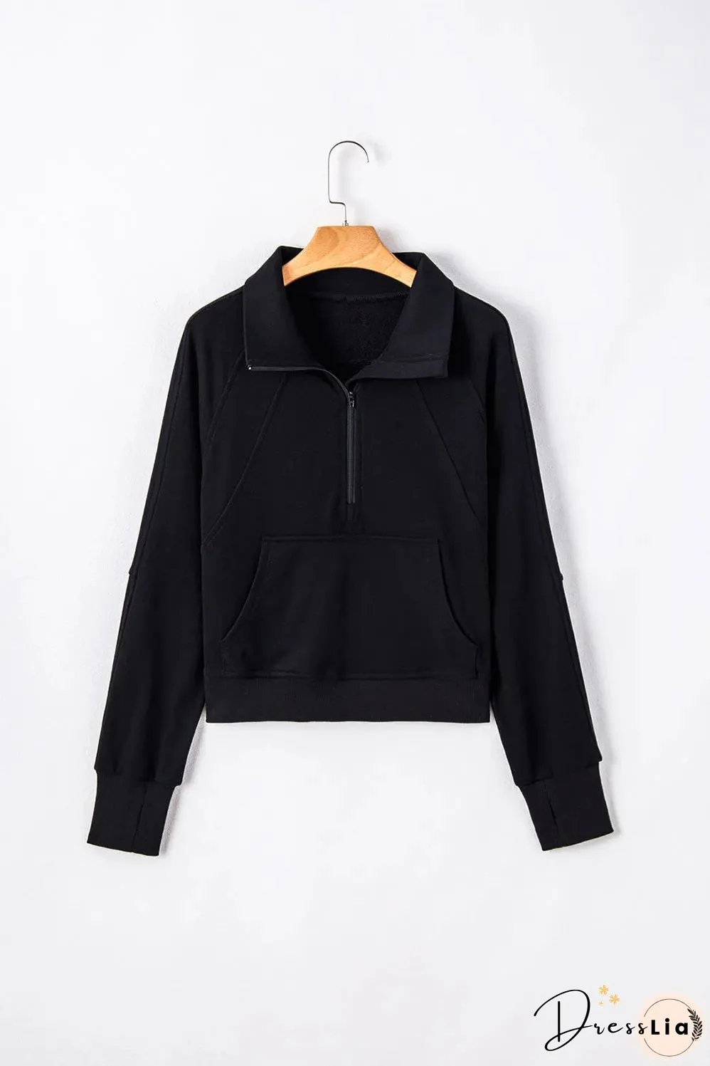 Black Quarter Zip Stand Neck Kangaroo Pocket Sweatshirt