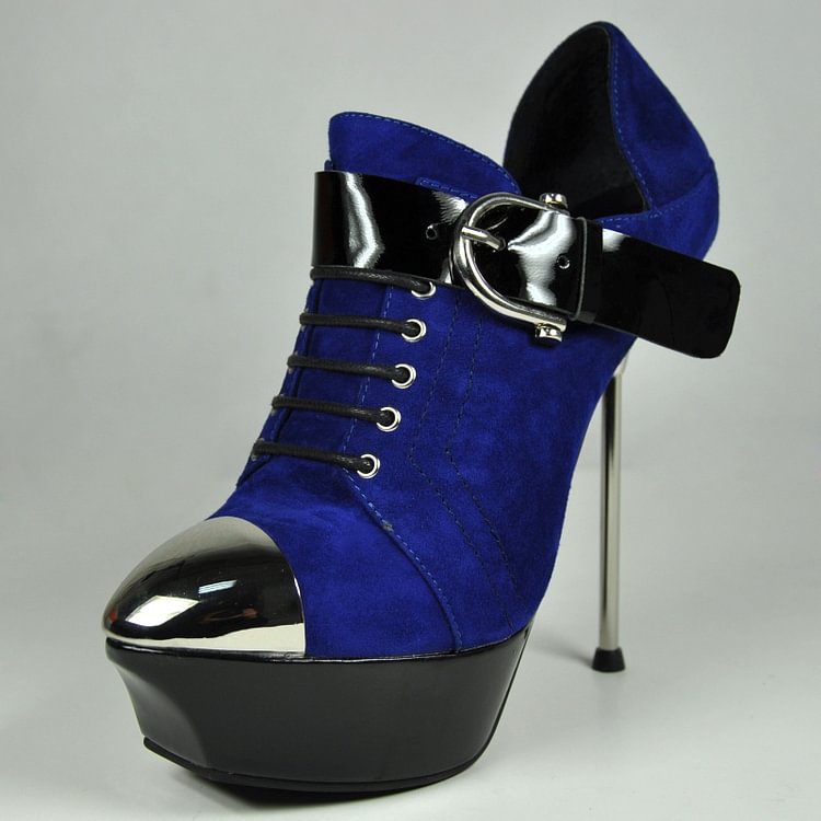 Royal Blue Fashion Boots Platform Stiletto Heels with Buckle |FSJ Shoes