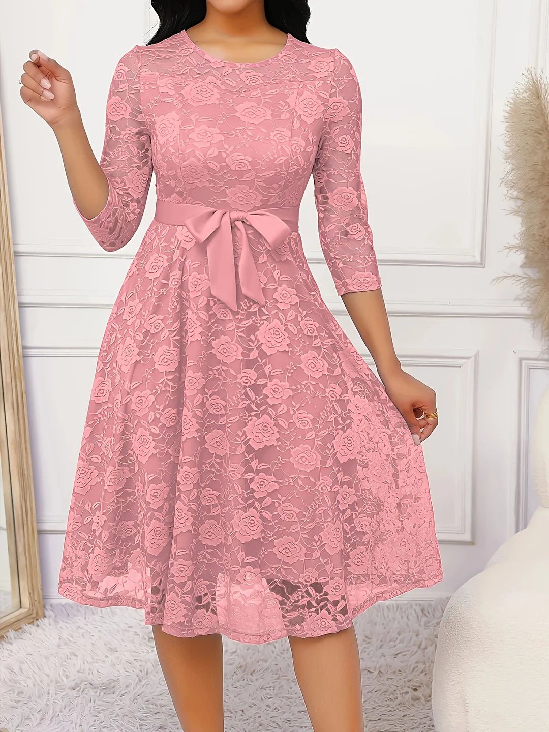 Elegant Women's Dress Lace Round Collar Seven-Minute Sleeve Lace Slim Pink Dress Gnlbt178-1 | IFYHOME