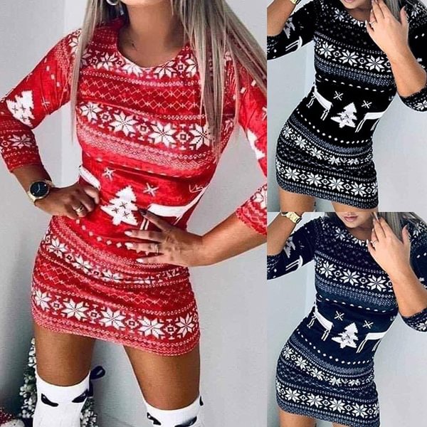 Xmas Fashion Women's Print Mini Dress Casual Long Sleeve Slim Christmas Jumper Dress - BlackFridayBuys