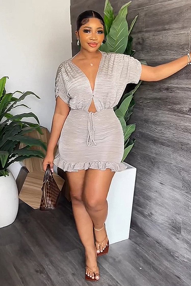Ruffle Trim V Neck Cutout Bodycon Mini Dresses 