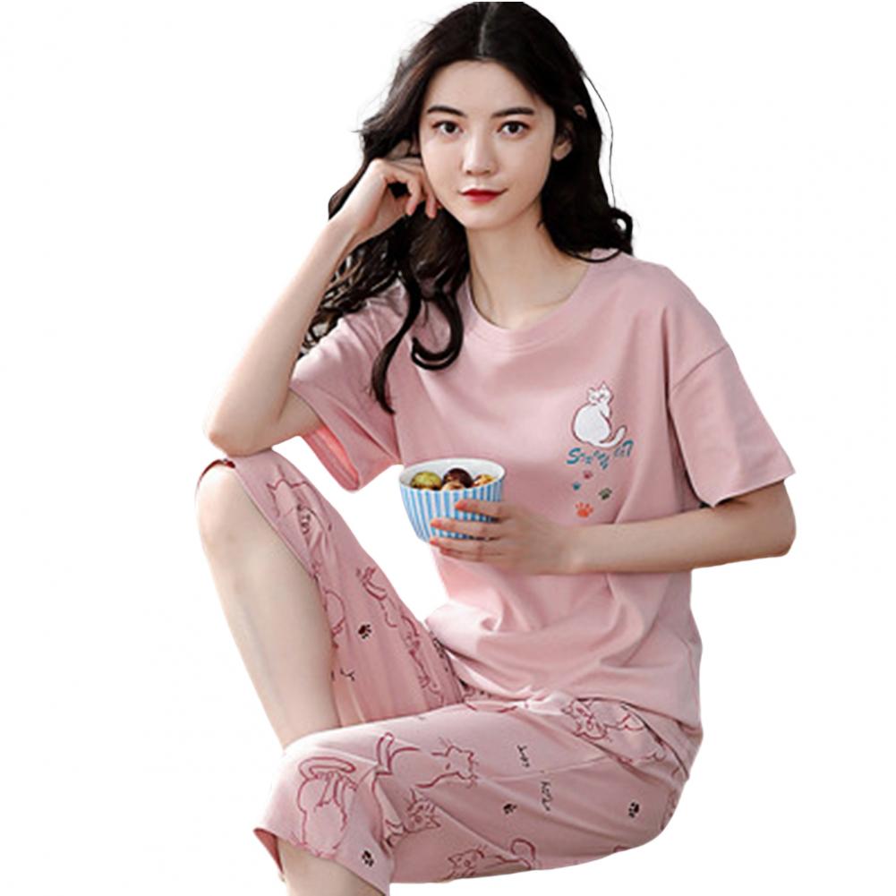 Appleke 2Pcs/Set Summer Women Pajamas Set O-Neck Short Sleeve Mid-Rise Elastic Waistband Lounge Sleepwear Cartoon Print Sleepwear Suit