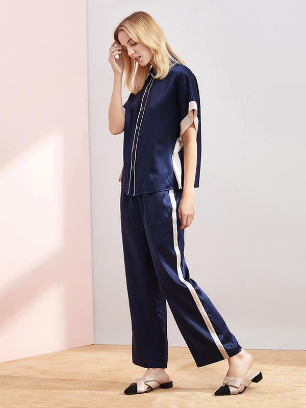 Contrast Color Lifestyle Long Silk Pajama Set