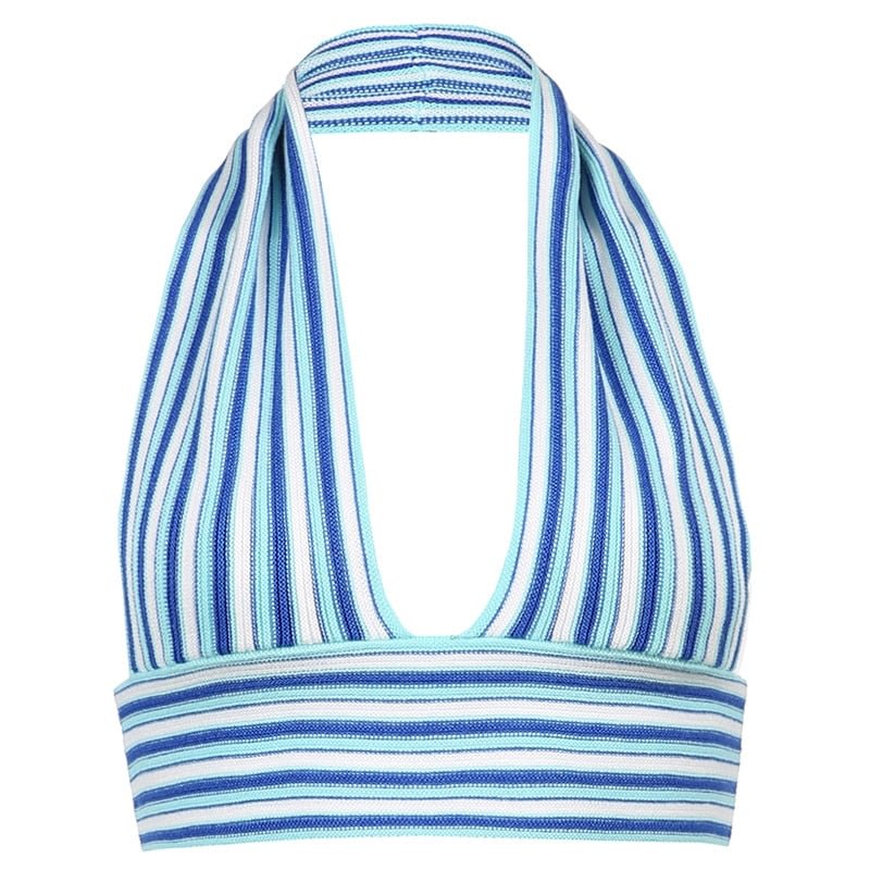 HEYounGIRL Summer Deep V Neck Striped Sexy Halter Neck Tank Top Sleeveless Backless Crop Tops Tees Women Tie Up Beach Party 2021
