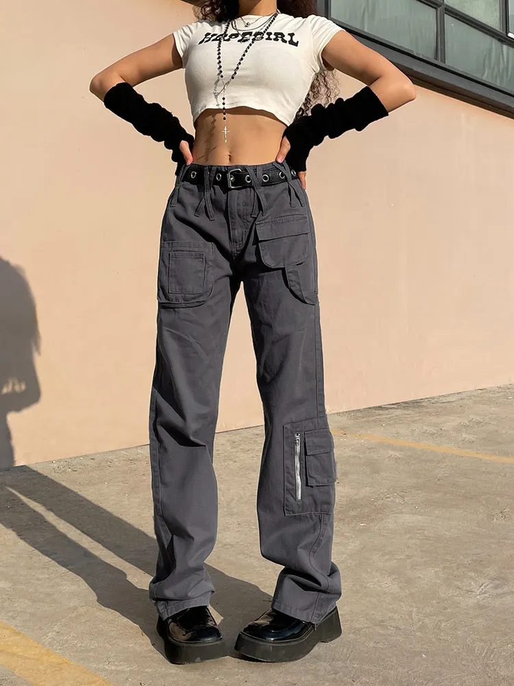 Rapcopter y2k Vintage Grey Cargo Jeans Ppockets Zipper Bandage Solid Trousers Fashion Baggy Streetwear Sweatpants Women Korean