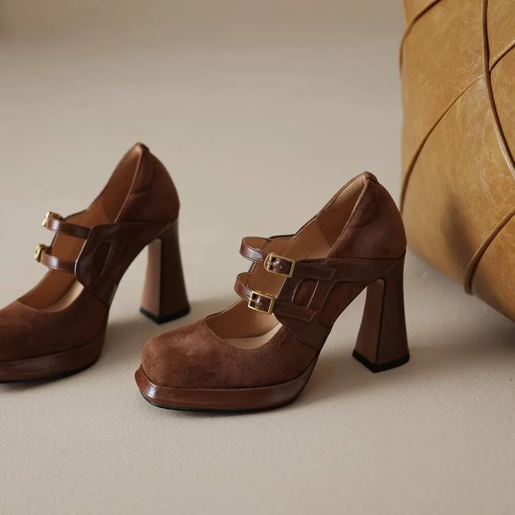 Vintage Mary Jane Patchwork Chunky High Heels Vdcoo