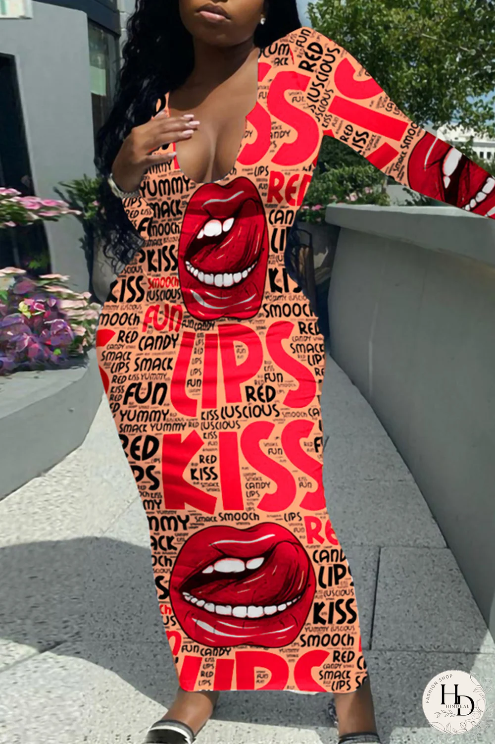 White Sexy Print Split Joint V Neck Pencil Skirt Dresses