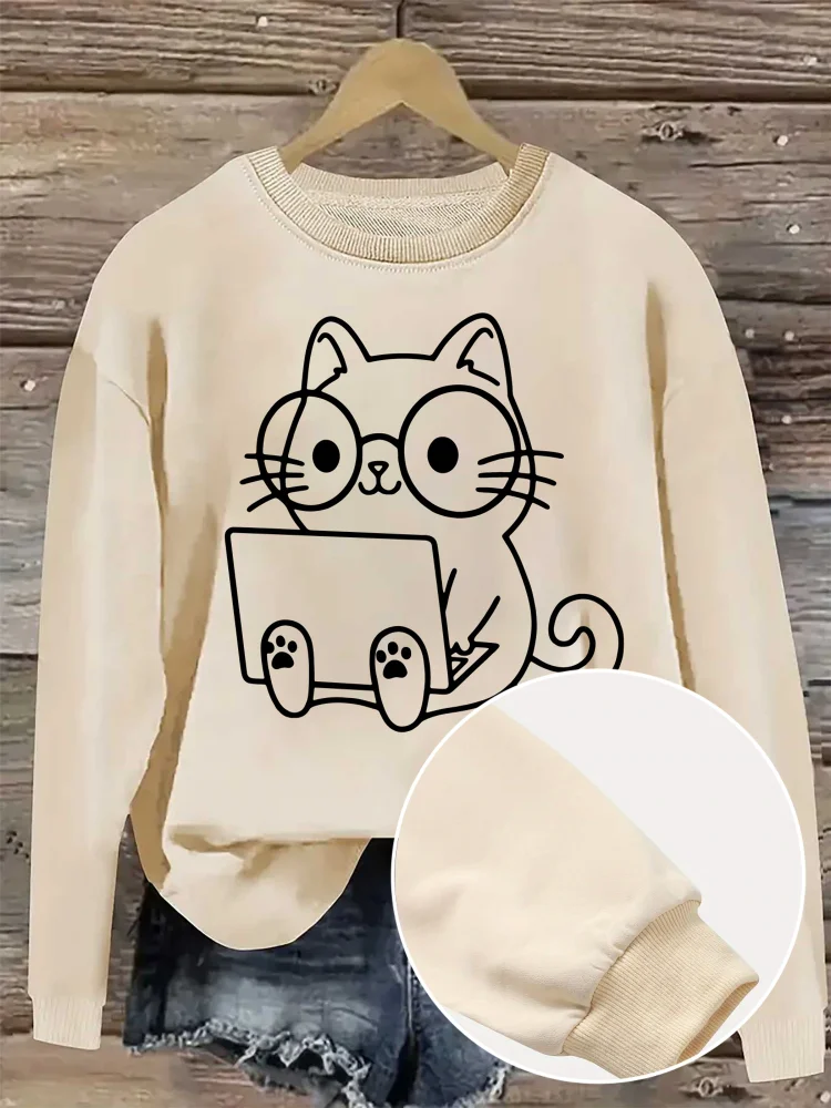 Women's Casual Crew Neck Sweatshirt With Geometric Cat & Laptop Print, 100% Polyester Knit Fabric, All-Season Fashion Top, 260gsm - Pink/Green/Gray