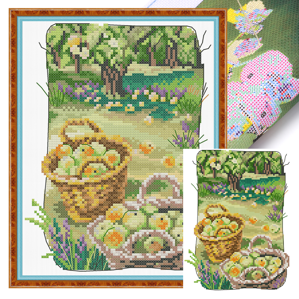 Apple Picking Partial 14CT Pre-stamped Canvas(19*27cm) Cross Stitch(backstitch)