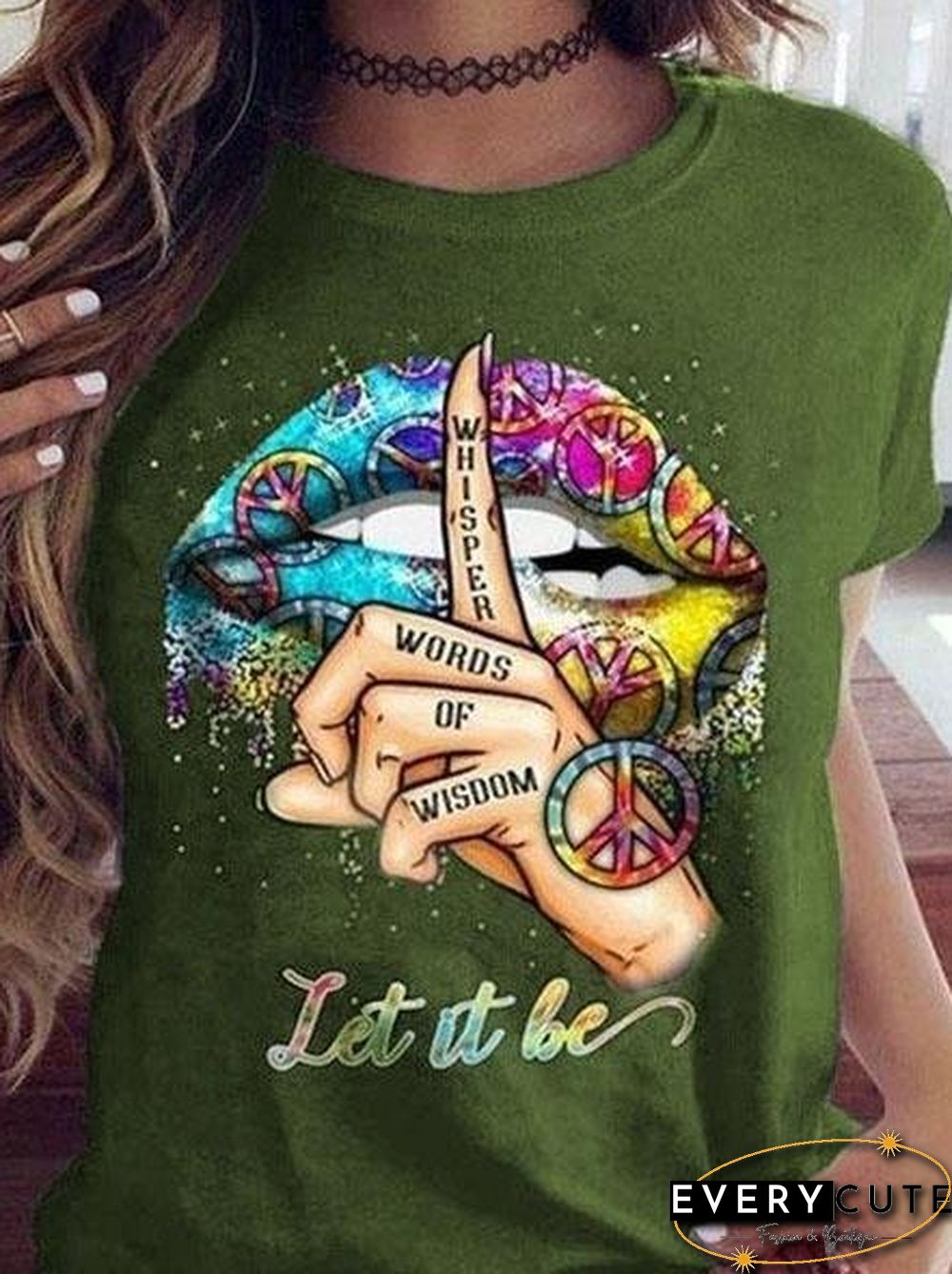 Shut Up Gesture Lips Print Round Neck Short Sleeve T-Shirt