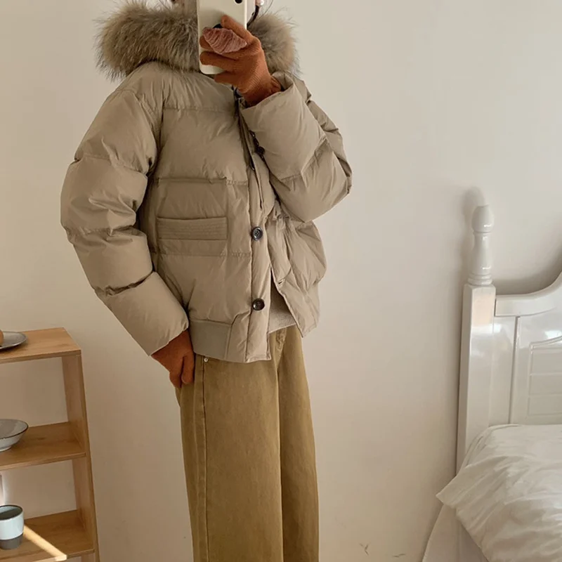 Woherb Raccoons Big Hair Collar Tooling Down Jacket Female Short Style 2024 Winter New Style Advanced Sense Korean Version Add Thick White Duck Down Coat-Outfit Ideas