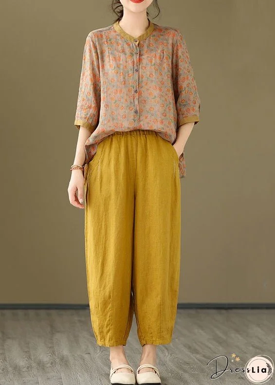 Orange Button Pockets Cotton Two-Piece Set Pink Half Sleeve Bracelet Sleeve