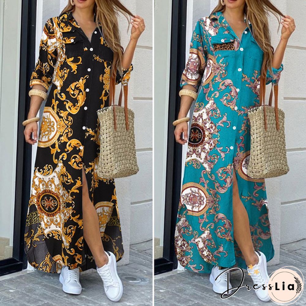 S-5XL Womens Kaftan Dress Chains Printed Side Fork Casual Loose Long Wedding Holiday dress