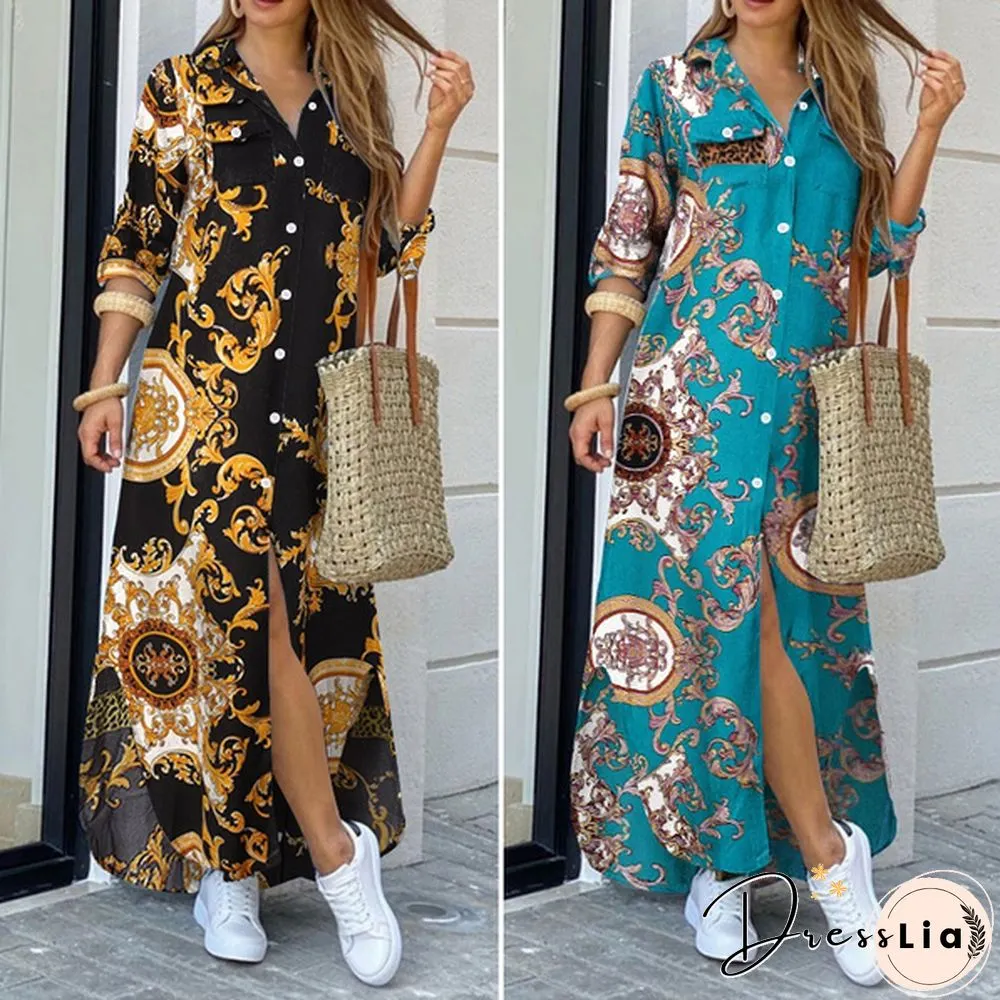 S-5XL Womens Kaftan Dress Chains Printed Side Fork Casual Loose Long Wedding Holiday dress