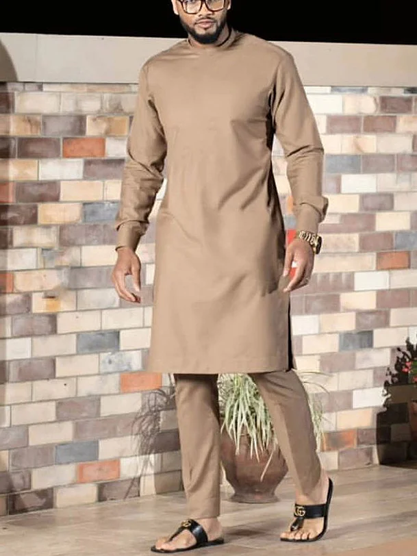Men's fashion casual khaki printed long sleeve two-piece set