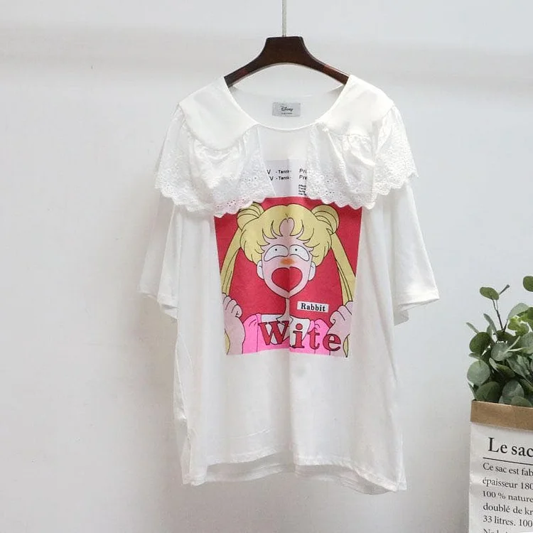 White/Pink Sailor Moon Falbala Collar Tee Shirt SP13736