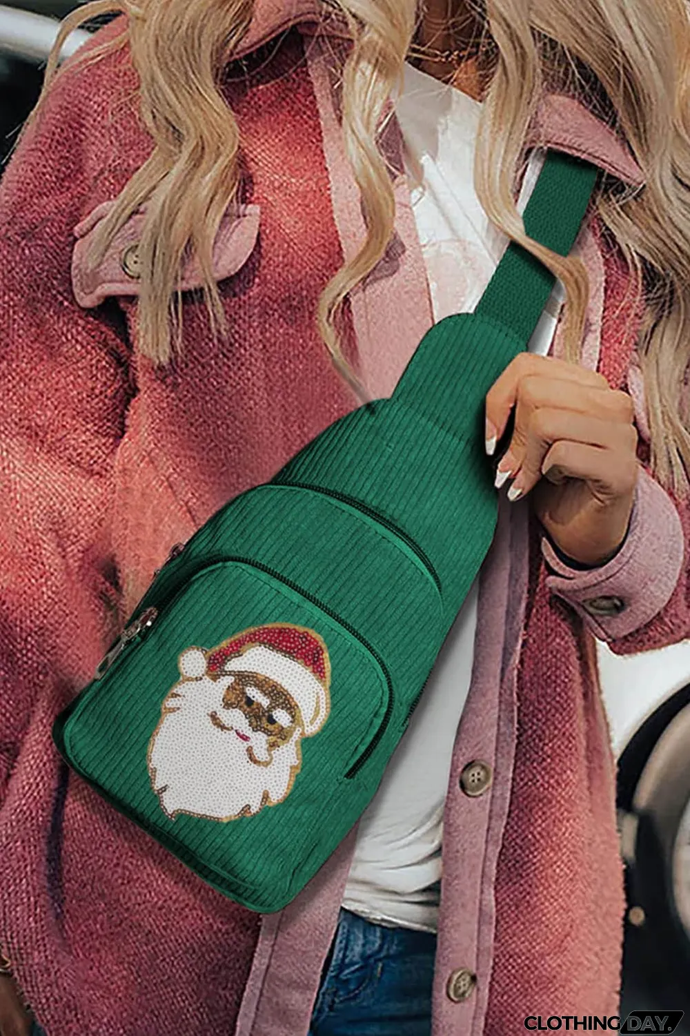 Blackish Green Christmas Sequined Santa Claus Corduroy Sling Bag