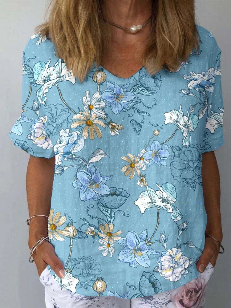 Women's Vintage  Floral Print Cotton And Linen Top