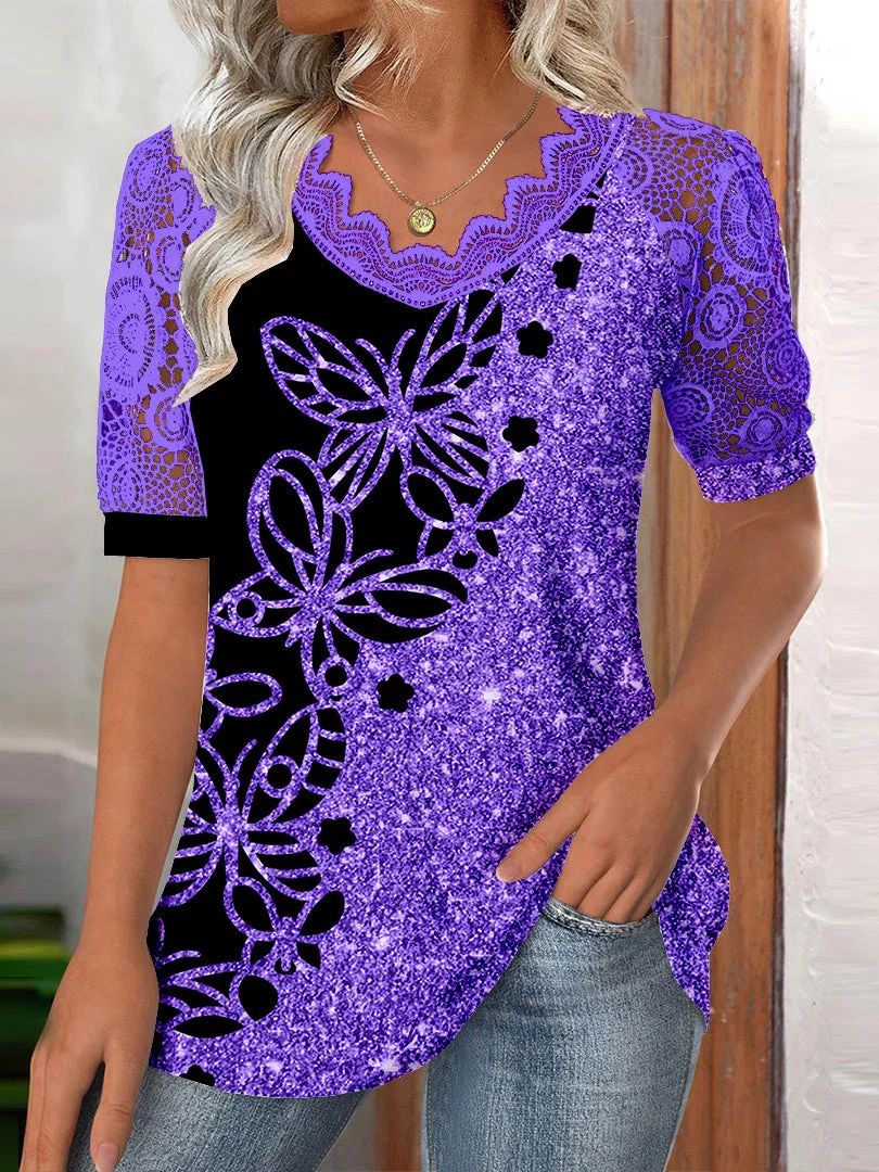 (PRE ORDER)Women Short Sleeve V-neck Butterfly Printed Graphic Lace Tops