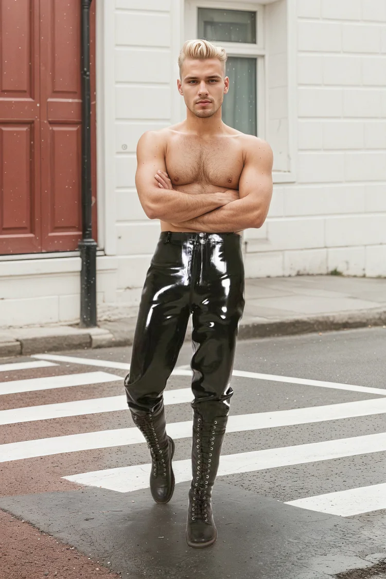 Men Black Latex Pants Side-Striped