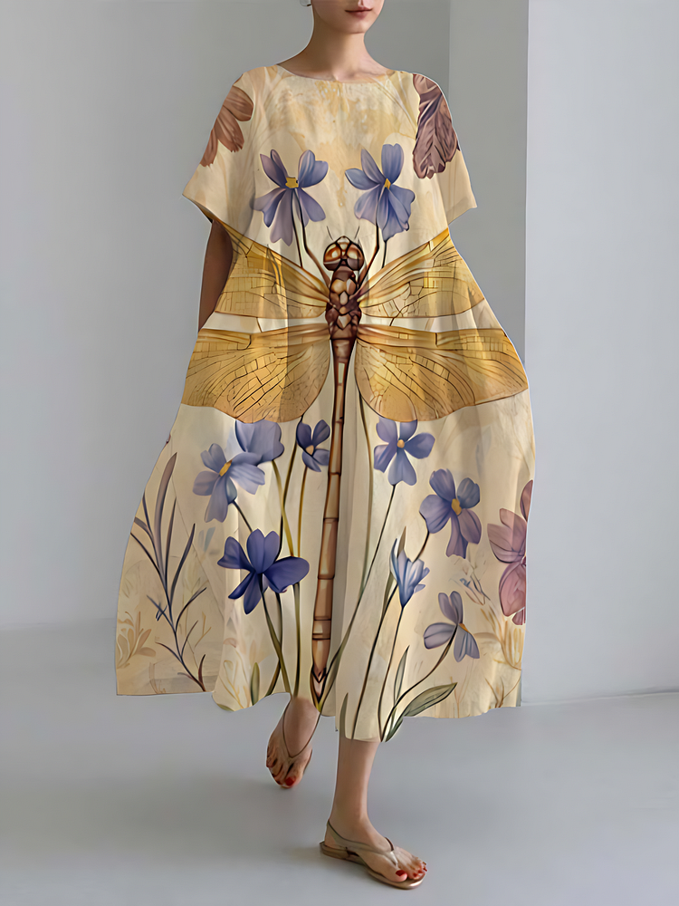 Insect Art Dragonfly Pattern Vintage Short Sleeve Loose Midi Dresses
