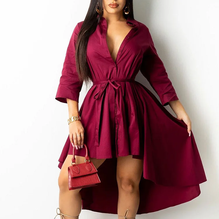 Solid Long Sleeve Button Detailed Belted Irregular Dress - IRBOOM Fashion Clothing