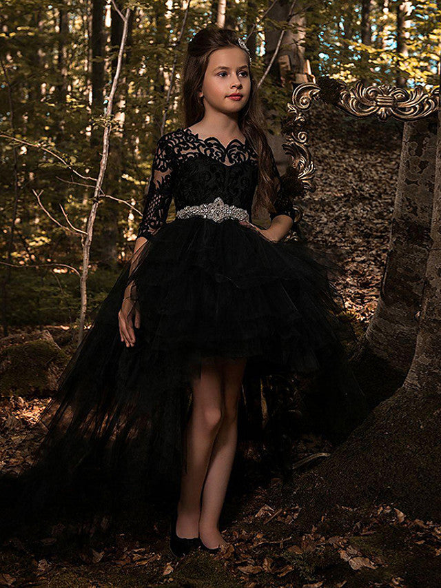 Oknass  Ball Gown Half Sleeve Jewel Neck Flower Girl Dresses Lace Tulle With Sash Ribbon Appliques