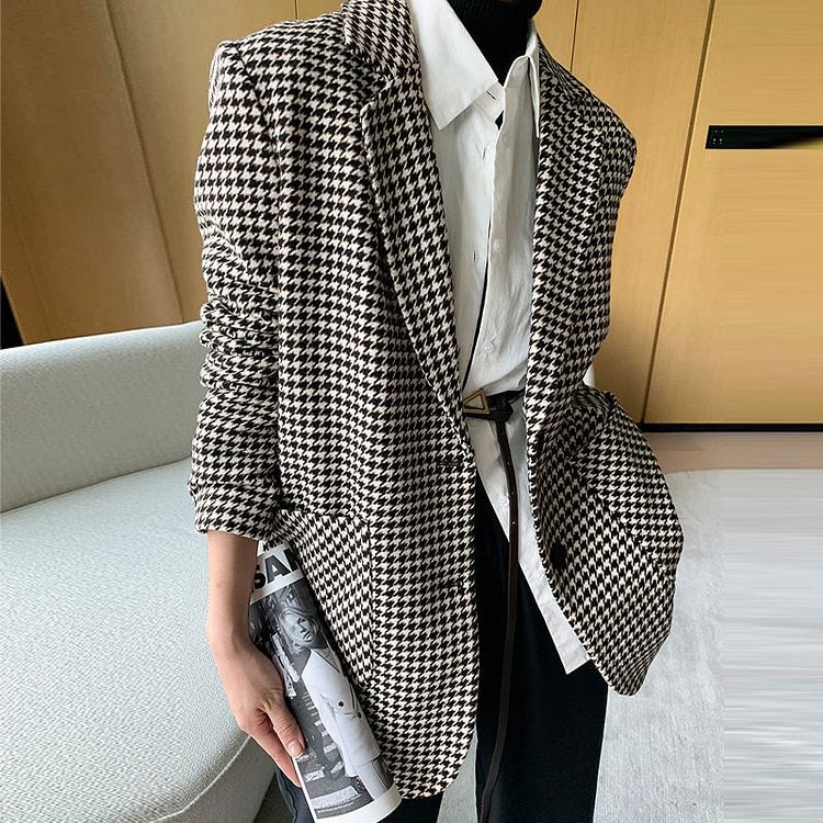 Long Sleeve Pockets Houndstooth Casual Outerwear QueenFunky