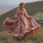 Women's Embroidered Rose Resort Style V-neck Long Sleeve Dress - Image 2