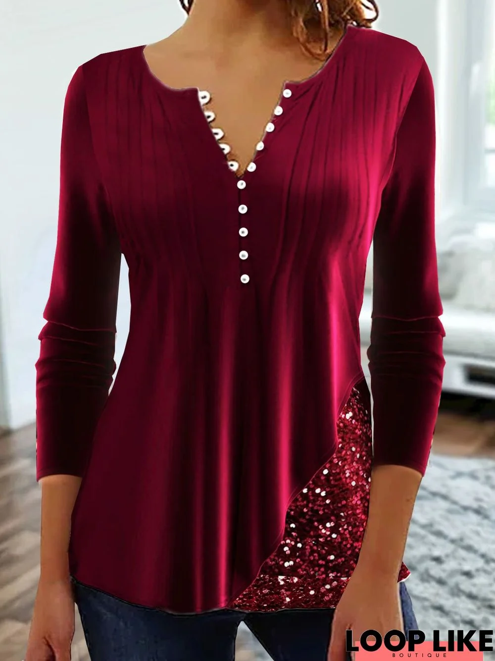 Patchwork Sequins velvet Casual Long Sleeve TUNIC Top