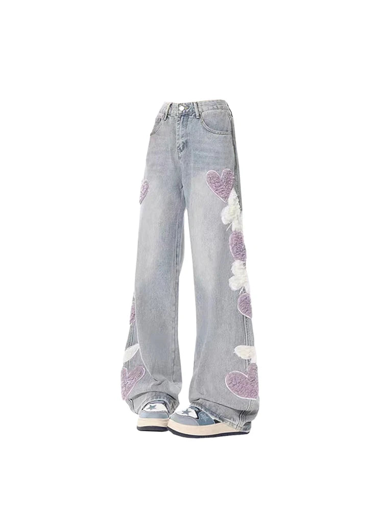 Aiertu Women Jeans with Heart Vintage Y2k 90s Aesthetic Baggy Denim Trouser 2000s Harajuku Kawaii Wide Cowboy Pants Trashy Clothes Aiertu