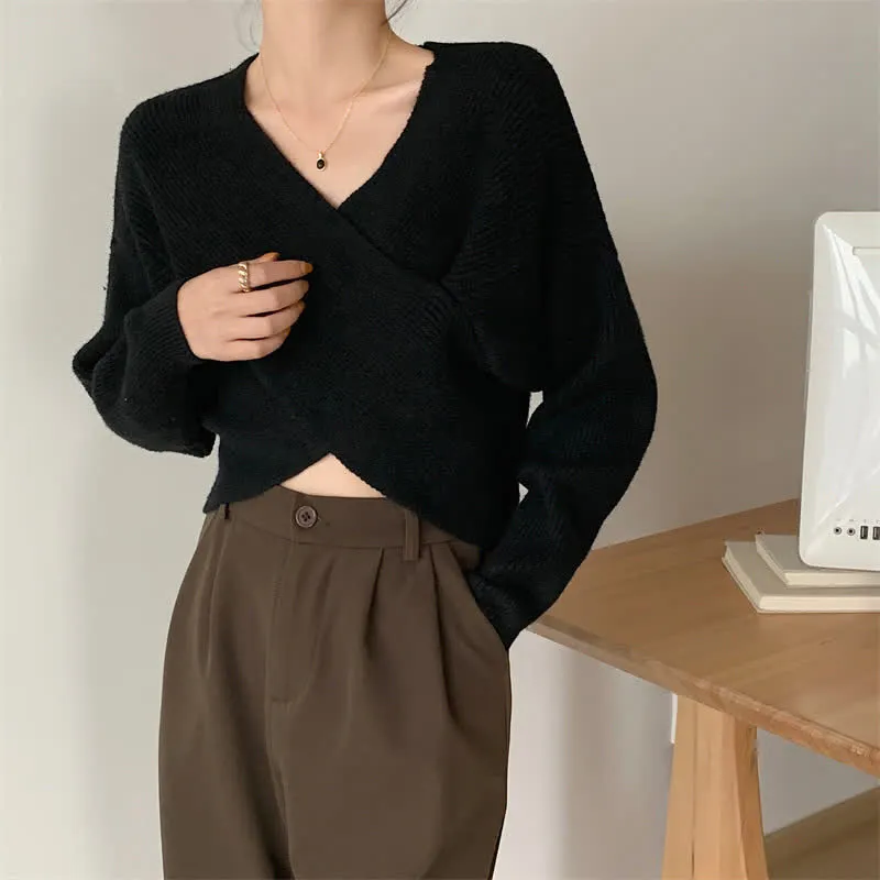 Chic Cross Knit Crop Sweater Casual Suit Pants
