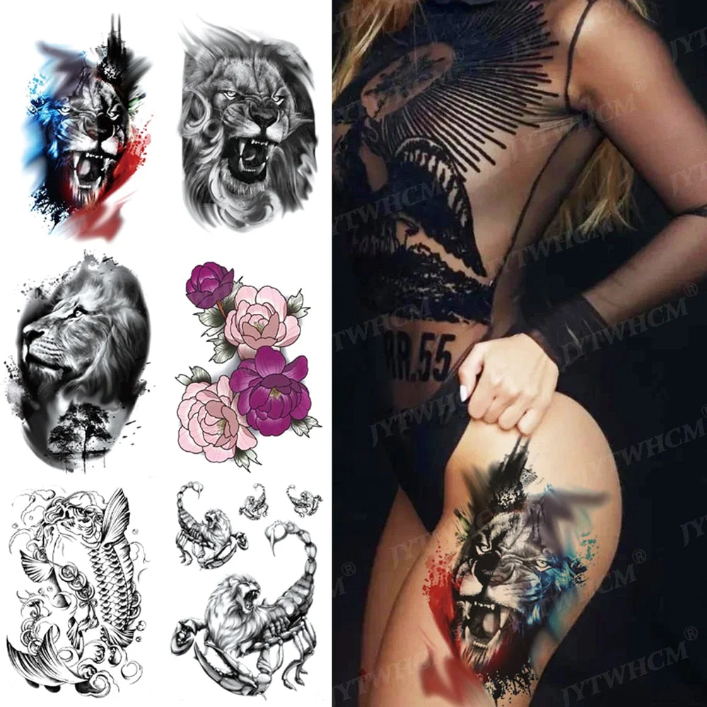 Waterproof Temporary Tattoo Stickers Tiger lion koi Scorpion Tattoos Men Sexy Floral Lotus Peony Waist Chest Flash Tattoo Women