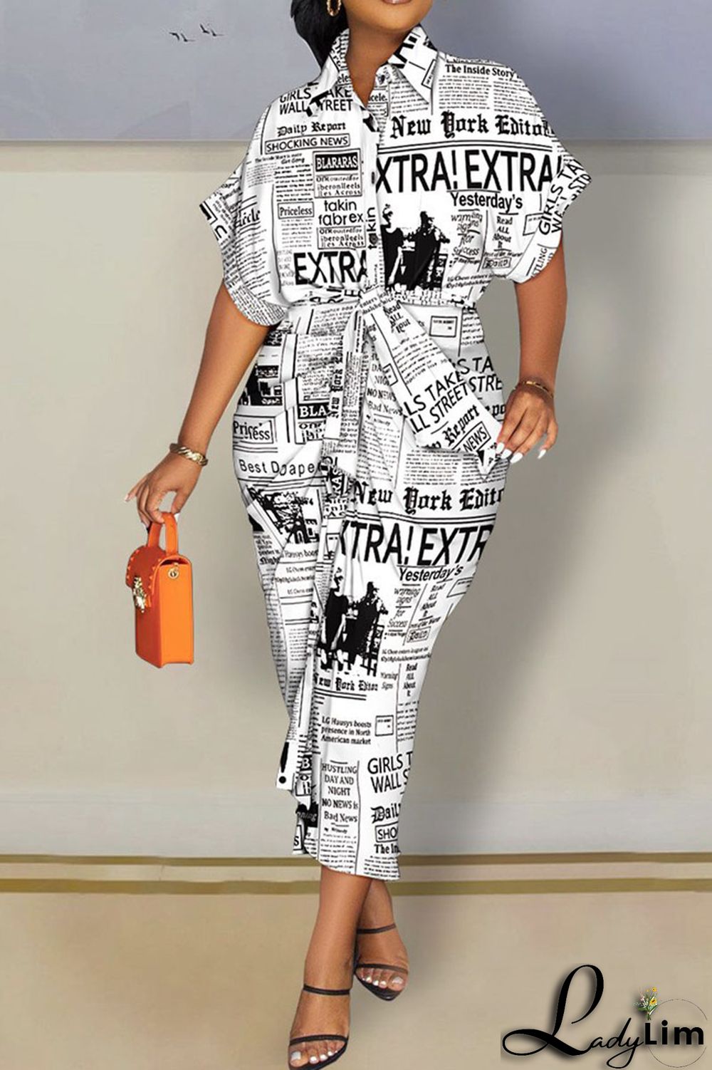 White Fashion Casual Print Bandage Patchwork Buckle Turndown Collar Shirt Dress Dresses