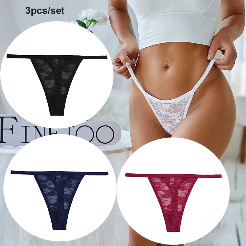 FINETOO 3PCS/Set Women Lace Sexy G-string Perspective Lingerie Temptation Panties Thong Underwear Panty Female Intimates M-XL