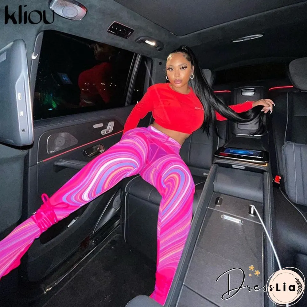 Kliou Mesh Print Foot Pants Women Medium Waist Skinny Body-Shaping Leggings Fashion Sexy High Street Female Trousers Hot