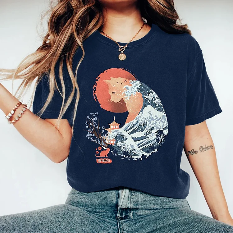 Comstylish Wave Cat Art Print Crew Neck T-Shirt