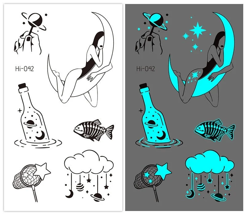 37 kinds Stylish Blue Light Luminous Tattoo Temporary Arm Body Sticker Club Party Disposable Noctilucent tatouage temporaire