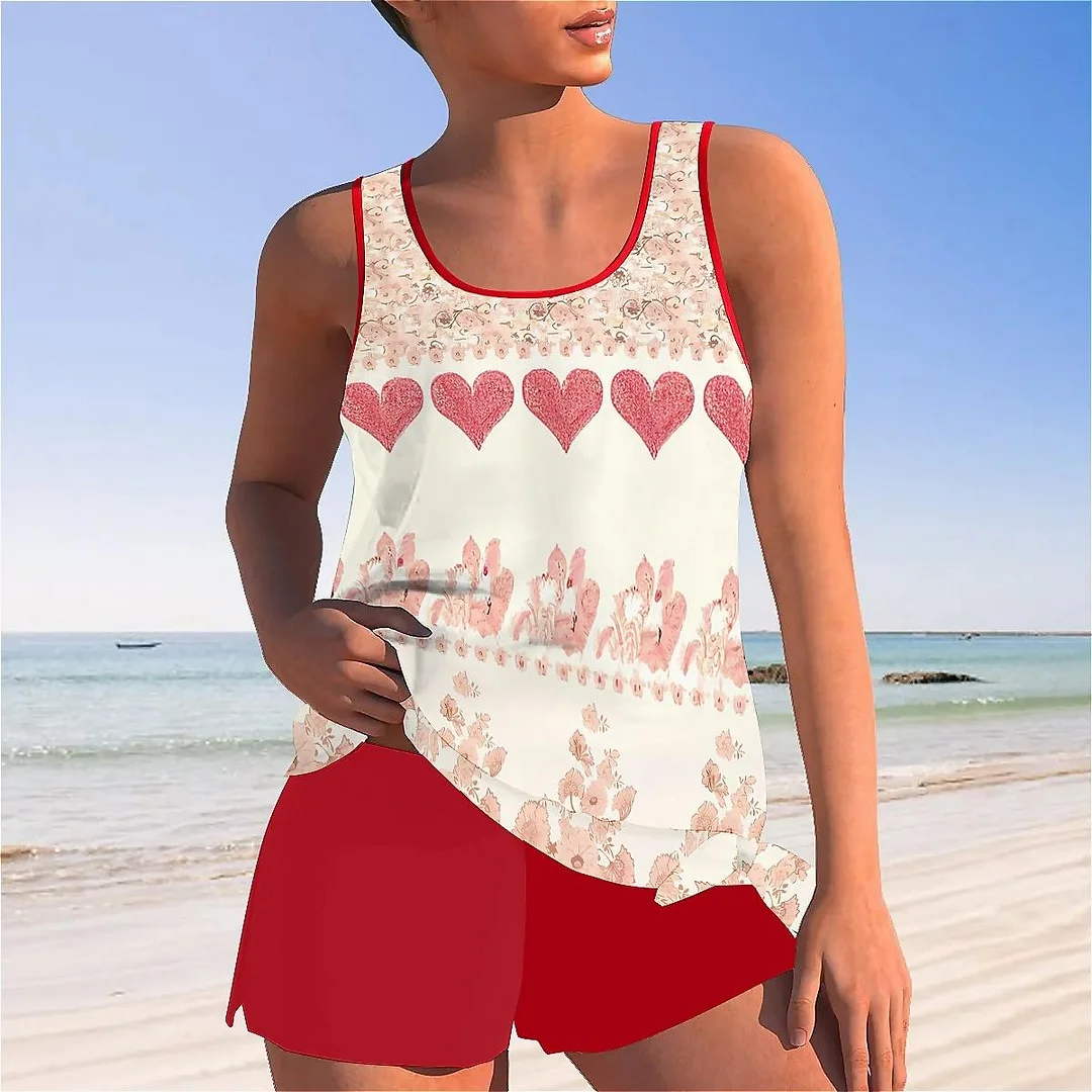 Bowknot Floral,Pink,Heart Mid Waisted Tankini Set - Plus Size Available