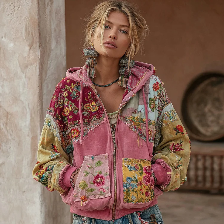 Women's Vintage Floral Embroidery Patchwork Art Cozy Zipper Hoodie