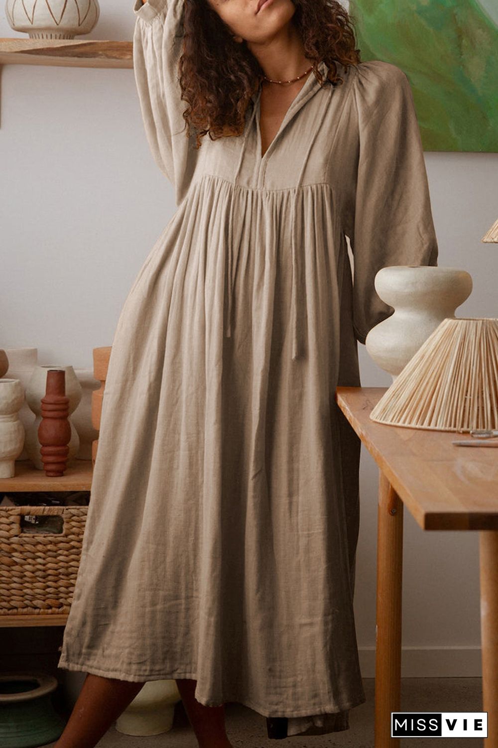 Casual Daily Solid Fold O Neck Pleated Dresses