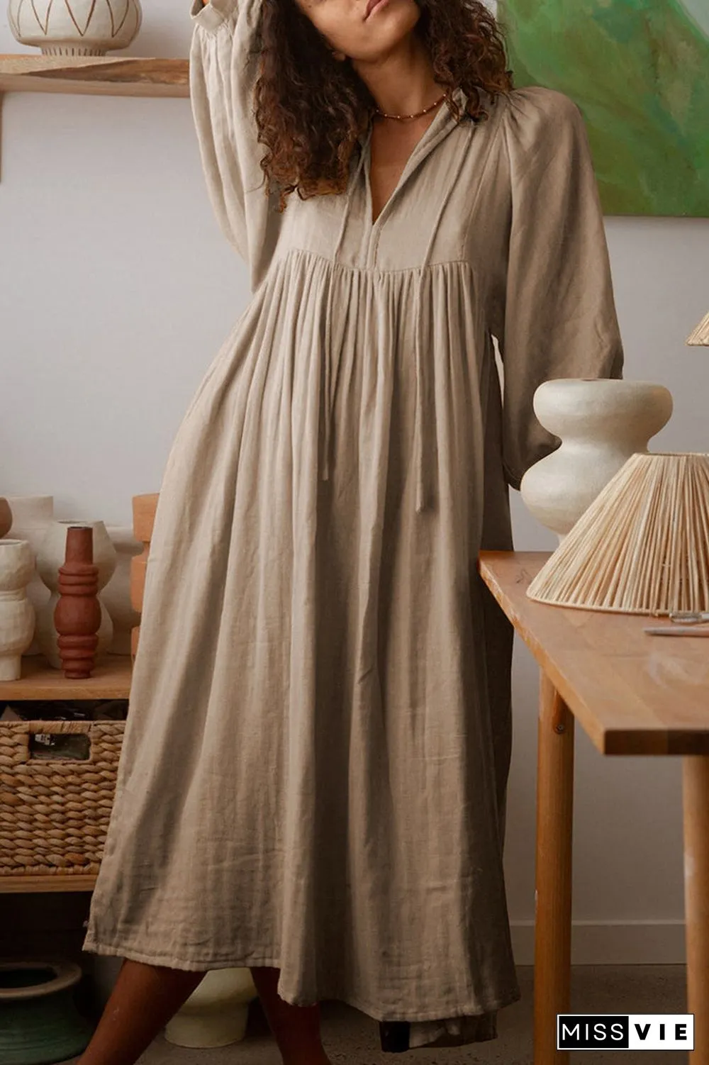 Casual Daily Solid Fold O Neck Pleated Dresses